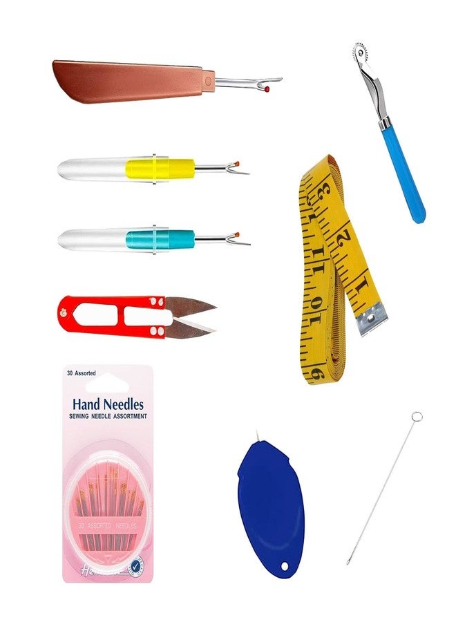 GEMSY مجموعة أدوات الخياطة 9 في 1 من جيمسي: 1 فتاحة درزات كبيرة | 2 فتاحة درزات صغيرة | 1 قاطع خيوط | شريط قياس بالبوصة | 1 أداة تمرير الخيط في الإبرة، عجلة تتبع، أداة تمرير الخيط، أداة قلب الحلقات للخياطة - Image 1